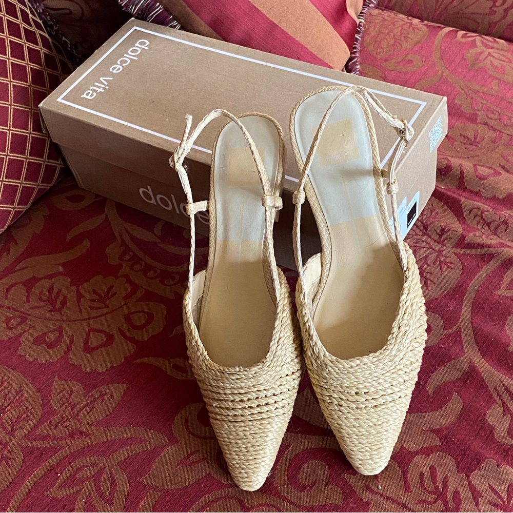 Dolce Vita raffia Emmie natural mules. New. Never worn outside of apartment.